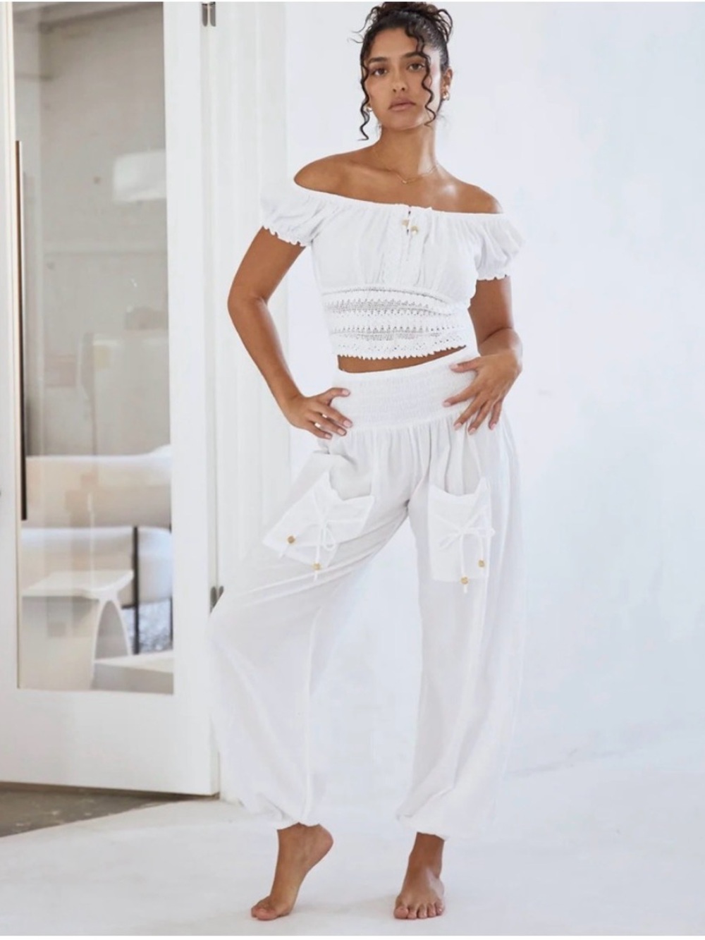 Smocked Waist White Wide-Leg Harem Pants with Pocket Ties